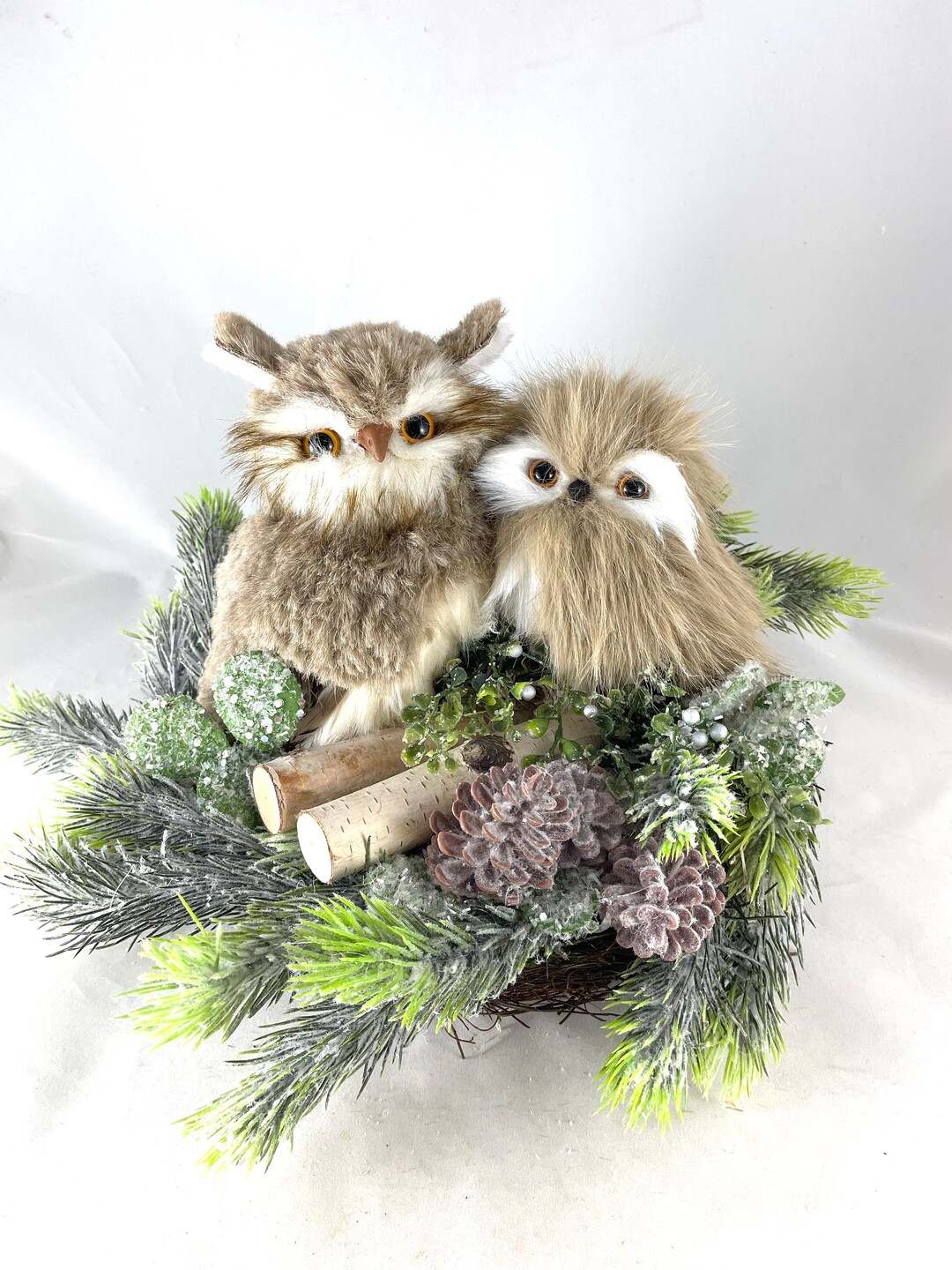 14 in Winter Owl Bird Nest, Barn Owl Pine Table Decor, Rustic Lake