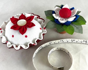 2 Pc Pincushion, Summer Red White Blue Tiered Tray Decor, Pin Keep Holder, Quilter Mothers Day, Kitchen Tart Tin, Fabric Pincushion