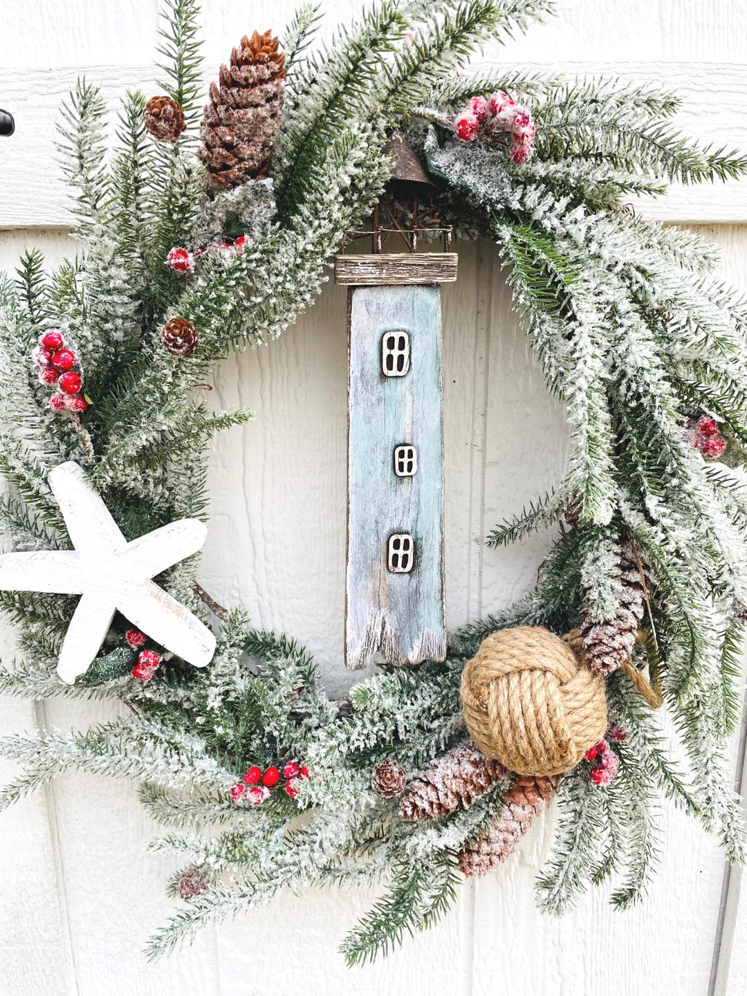 Coastal Lighthouse Beach House Door Wreath: Nautical Pine Cabin Lodge ...