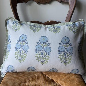20x14 / Lisa Fine Textiles Mughal Flower Front / Green Stripe Flange and Back /Decorative Designer Pillow / Flange Finish Detail