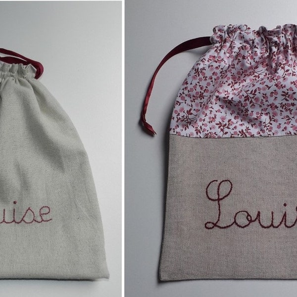 Sur commande / Pochon sac personnalisable / sac à goûter / sac à doudou  / lin liberty / brodé main