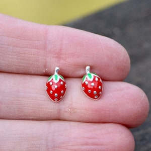 Tiny Enamel Strawberry Stud Earrings Sterling Silver 925 , Small Studs , Love Token