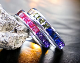 Rainbow Eternity Band Ring Sterling Silver 925 , Cubic Zirconias , Pride Ring