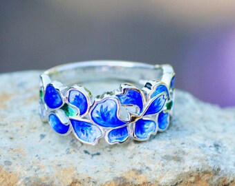 Blaue Iris Blume Emaille Ring Sterling Silber 925, Flower Band, Februar, 25th Jubiläum