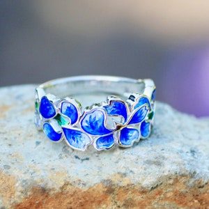 Blue Iris Flower Enameled Ring Sterling Silver 925 , Flower Band , February , 25th Anniversary