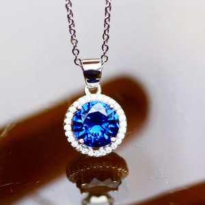Gorgeous Halo Style Sapphire Pendant Solid Sterling Silver 925 , September Birthstone