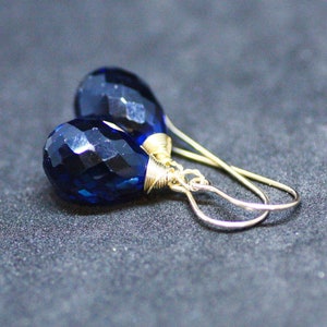 Kashmir Deep Blue Sapphire Briolette Earrings 14k Gold Filled , September Birthstone
