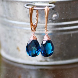 London Blue Topaz Earrings Wire Wrapped Rose Gold on European Lever Backs , December Birthstone