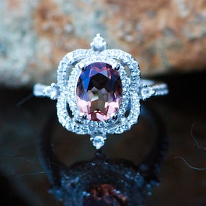 Victorian Design Color Change Lab Made Diaspore Ring Sterling Silver 925 with White Sapphires