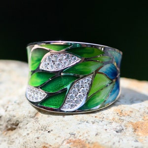 Teal and Green Leaf Enameled Ring Sterling Silver 925 , wide Band  , Mothers Day , Gift for Gardener