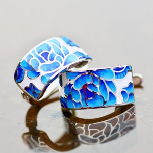 Blue Magnolia Flower Enameled Earrings 925 Sterling Silver , From Canada