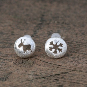 Winter Snowflake Moose Stud Earrings Sterling Silver 925, Small Earrings , Canada Moose , Canadian Great White North