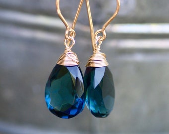 London Blue Topaz Earrings Wire Wrapped 14k Gold Filled , December Birthstone