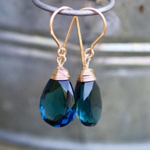 London Blue Topaz Earrings Wire Wrapped 14k Gold Filled , December Birthstone