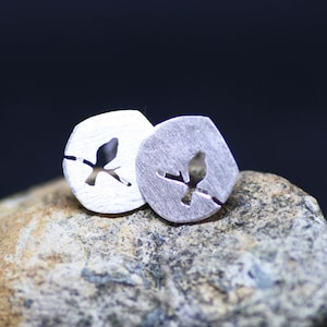 Bird on Branch Disk Stud Earrings Silver , Minimalist Jewelry , From Canada