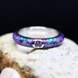 Enamel Chic Teal and Purple Snakeskin Pattern Ring in Sterling Silver 925 with Amethyst - February Birthstone Elegance