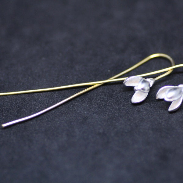 Delicate Snowdrop Flower Earrings Sterling Silver 925 , Two tone , Long earrings , Handmade