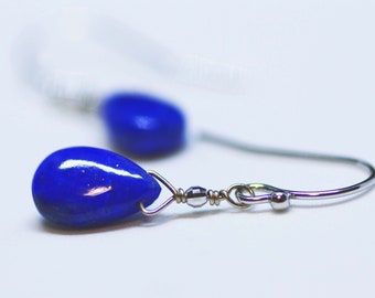 Lovely Natural Lapis Lazuli Earrings  in Solid 14K White Gold , 9th Anniversary