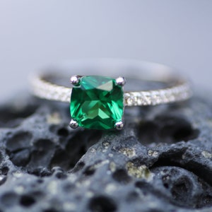 Cushion Cut Created Emerald Engagement Ring Sterling Silver 925 , May Birthstone , Promise Ring