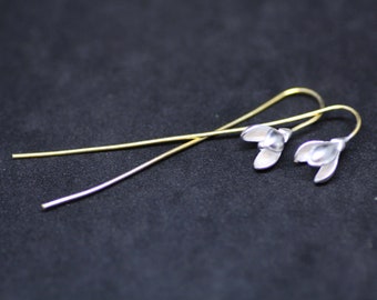 Delicate Snowdrop Flower Earrings Sterling Silver 925 , Two tone , Long earrings , Handmade