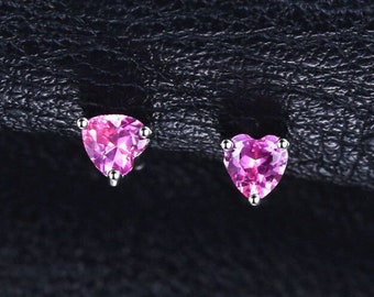 Adorables pendientes diminutos de zafiro rosa plata de ley sólida 925, piedra de nacimiento de septiembre, 5º 45º aniversario