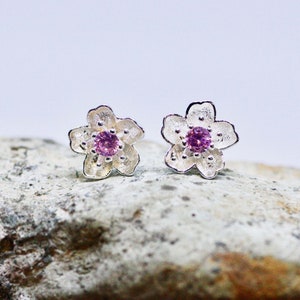 Sakura Cherry Blossom Stud Earrings Sterling Silver 925 ,  Pink Tourmaline October Birthstone