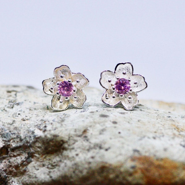 Sakura Cherry Blossom Stud Earrings Sterling Silver 925 ,  Pink Tourmaline October Birthstone