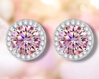 Handcrafted Pink Moissanite Halo Earrings, Sterling Silver 925