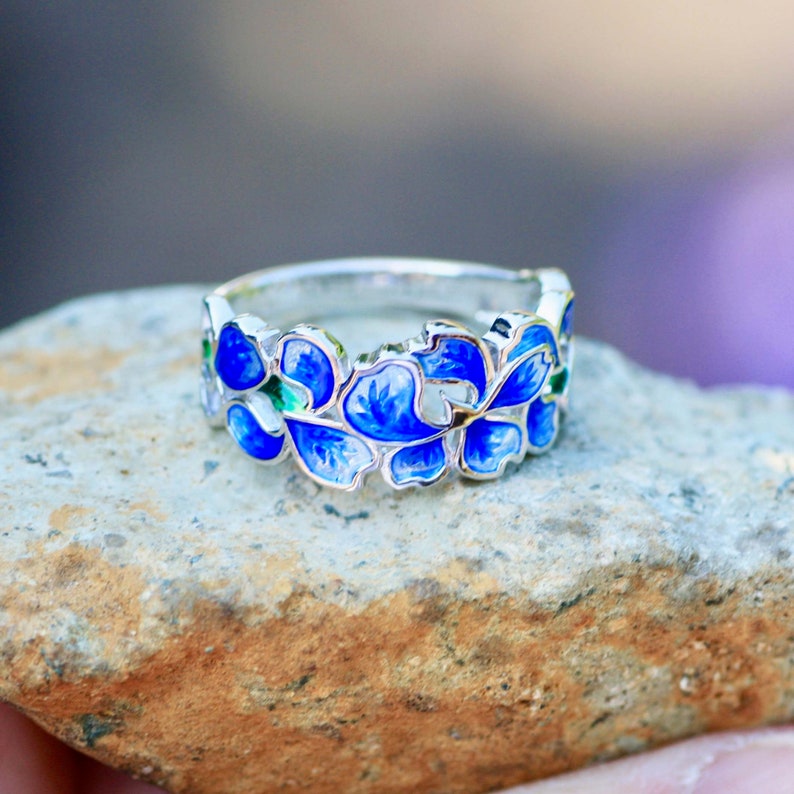 Blaue Iris Blume Emaille Ring Sterling Silber 925, Flower Band, Februar, 25th Jubiläum Bild 1