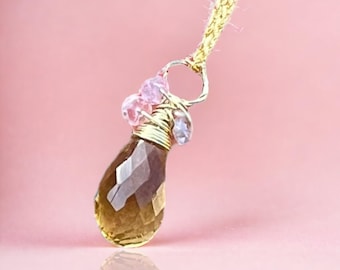 Natural Pink Sapphire | Citrine Pendant Solid 18k Yellow Gold 750 , November birthstone
