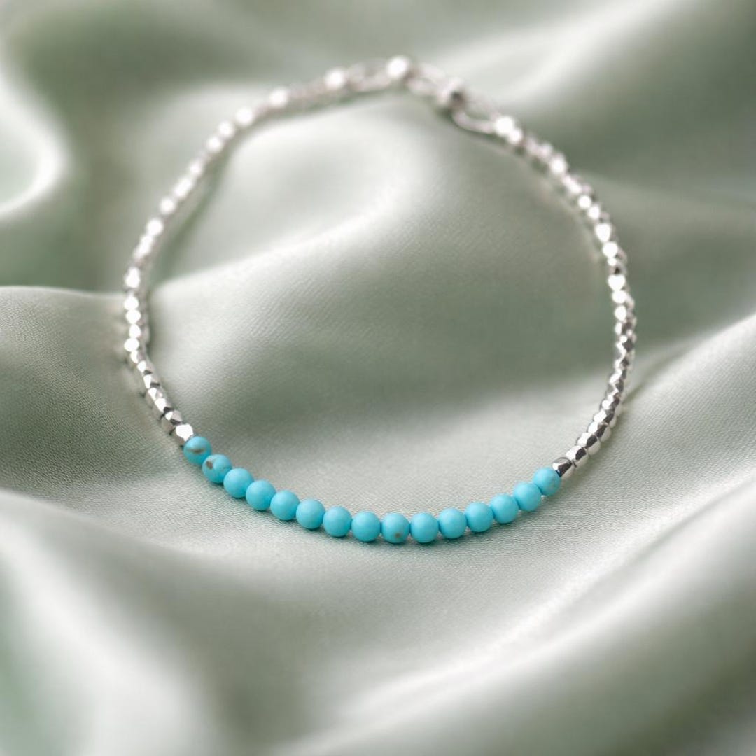 Natural Turquoise Bracelet Karen Hill Tribe Pure Silver Beaded