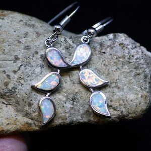 White Opal Leaf Earrings Sterling Silver 925 , October Birthstone , Tear Drop Earrings ts