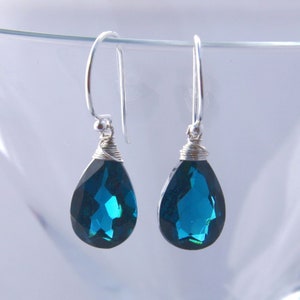 Teal London Blue Topaz Drop Earrings Sterling Silver 925 , December birthstone