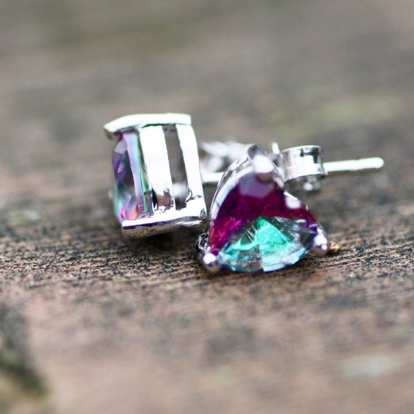 Lab Made Mystic Rainbow Topaz Earrings Sterling Silver , Heart Studs , December Birthstone , 4th Anniversary