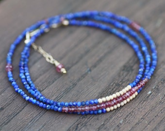 Elegante Natürliche Rot Spinell und Lapis Wrap Armband Halskette 14k Gold Filled, Dezember Geburtsstein