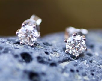Handmade Moissanite Stud Earrings, Sterling Silver or Gold Vermeil, 6-Claw Design