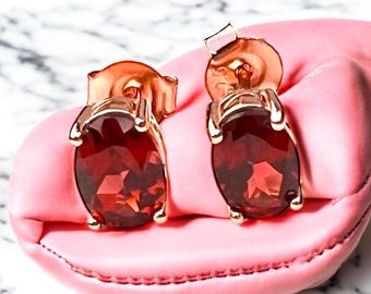 Handmade Oval Garnet Stud Earrings, 14K Rose Gold Vermeil