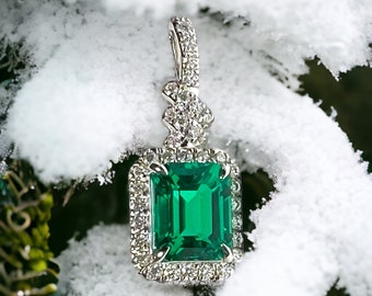 Radiant Lab Grown Emerald Pendant in Solid 14k White Gold - May Birthstone, 20th Anniversary ( no chain )