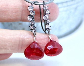 Handcrafted Wire Wrapped Ruby Earrings Sterling Silver ,  July Birthstone , 25th 40th Anniversary