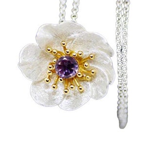 Natural Amethyst Two Tone Anemone Pendant Necklace Handcrafted in Sterling Silver 925 , Flower Pendant , February Birthstone
