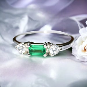 Emerald Cut Created Emerald Engagement Ring Sterling Silver 925 , May Birthstone , Promise Ring