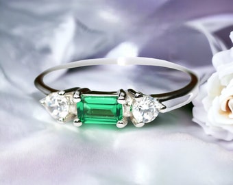 Emerald Cut Created Emerald Engagement Ring Sterling Silver 925 , May Birthstone , Promise Ring