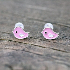 Tiny Pink Enamel Bird Earrings Silver  , Little Girl Earrings , Minimalist Jewelry , Chickadee CLEARANCE