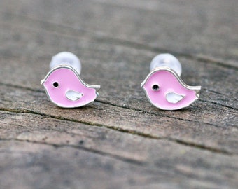 Tiny Pink Enamel Bird Earrings Silver  , Little Girl Earrings , Minimalist Jewelry , Chickadee CLEARANCE