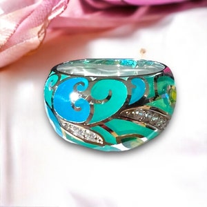 Teal Green Leaves Enamel Ring Sterling Silver 925  , Wide Band