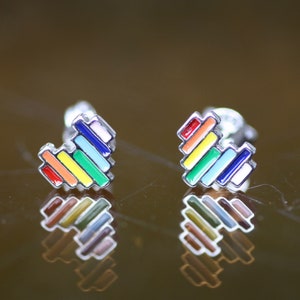 Tiny Heart Rainbow Stud Earrings Hand Enamel in Sterling Silver 925 , Small Studs