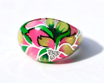 Rosa Blumen Emaille Ring Handgefertigte Sterling Silber, Größe 23 1/2