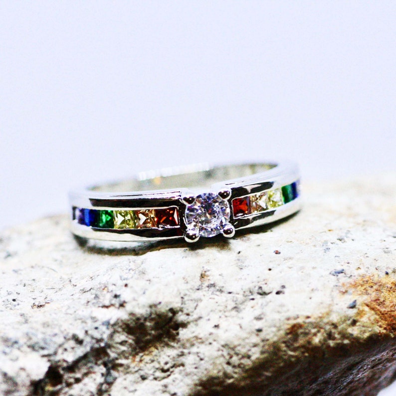 Rainbow Engagement Ring Sterling Silver 925 Pride Ring