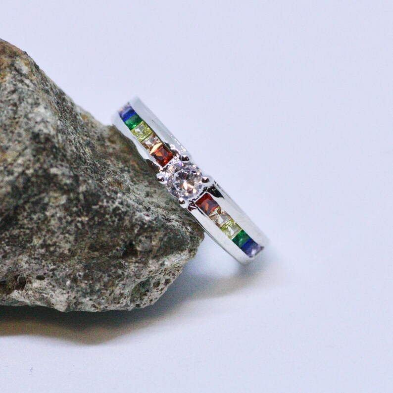 Rainbow Engagement Ring Sterling Silver 925 Pride Ring