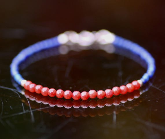 天然ラピスラズリ | レッドコーラルブレスレット ハンドメイド 14K 
